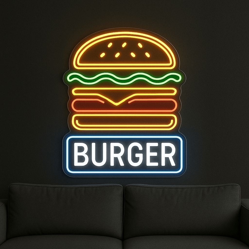 Leuchtender Burger als LED Wanddeko – perfekt für Foodtrucks