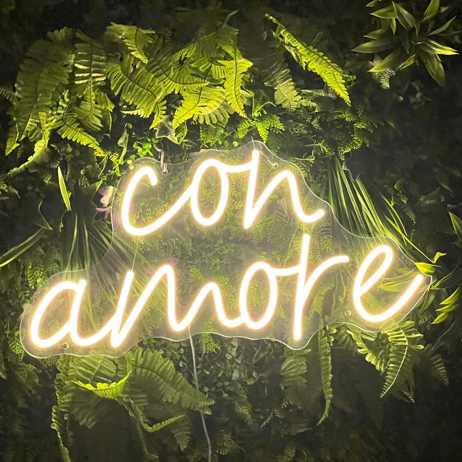 Warmweises Neon Schild con amore mit Pflanzenwand