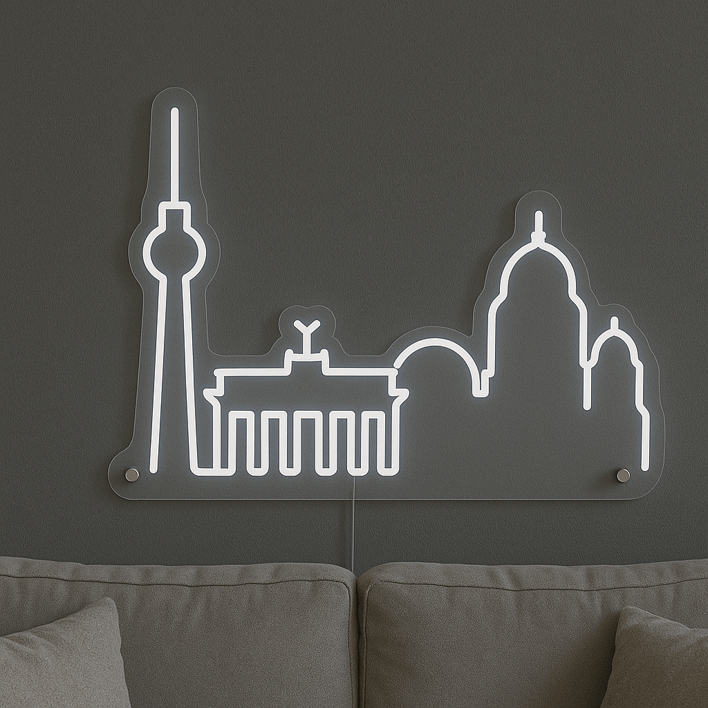 LED Neonschild "Berlin Skyline" in Kaltweiß an dunkler Wand montiert