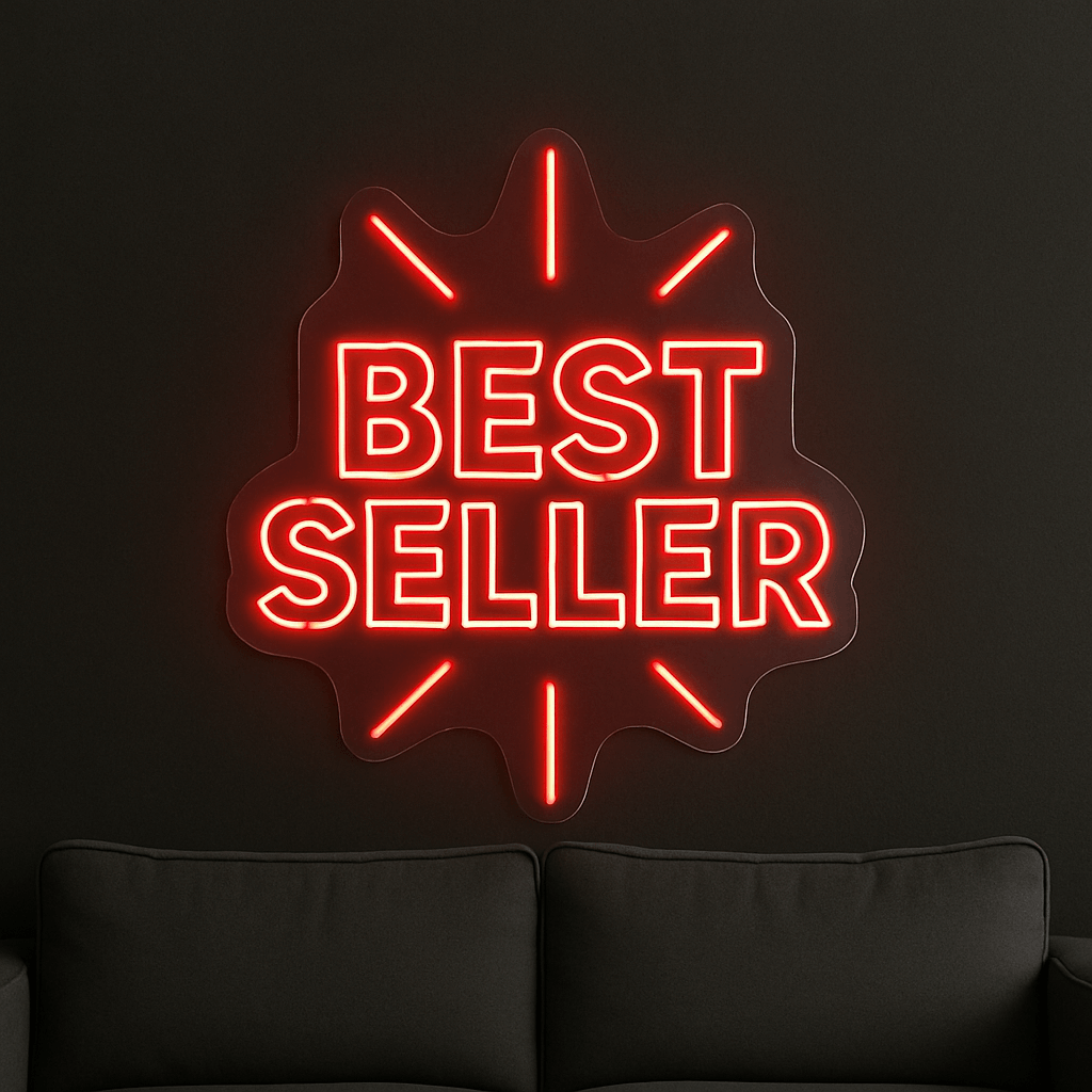 LED Neonschild "BEST SELLER" in Rot an dunkler Wand montiert