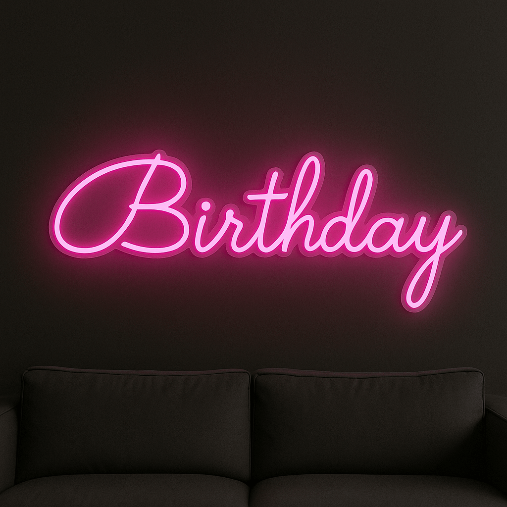 LED Neonschild "Birthday" in Pink an dunkler Wand montiert