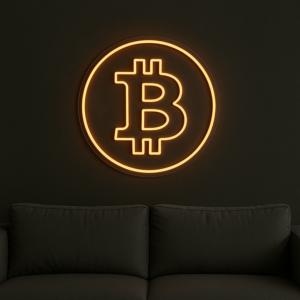 LED Neonschild "Bitcoin" in Orange an dunkler Wand montiert
