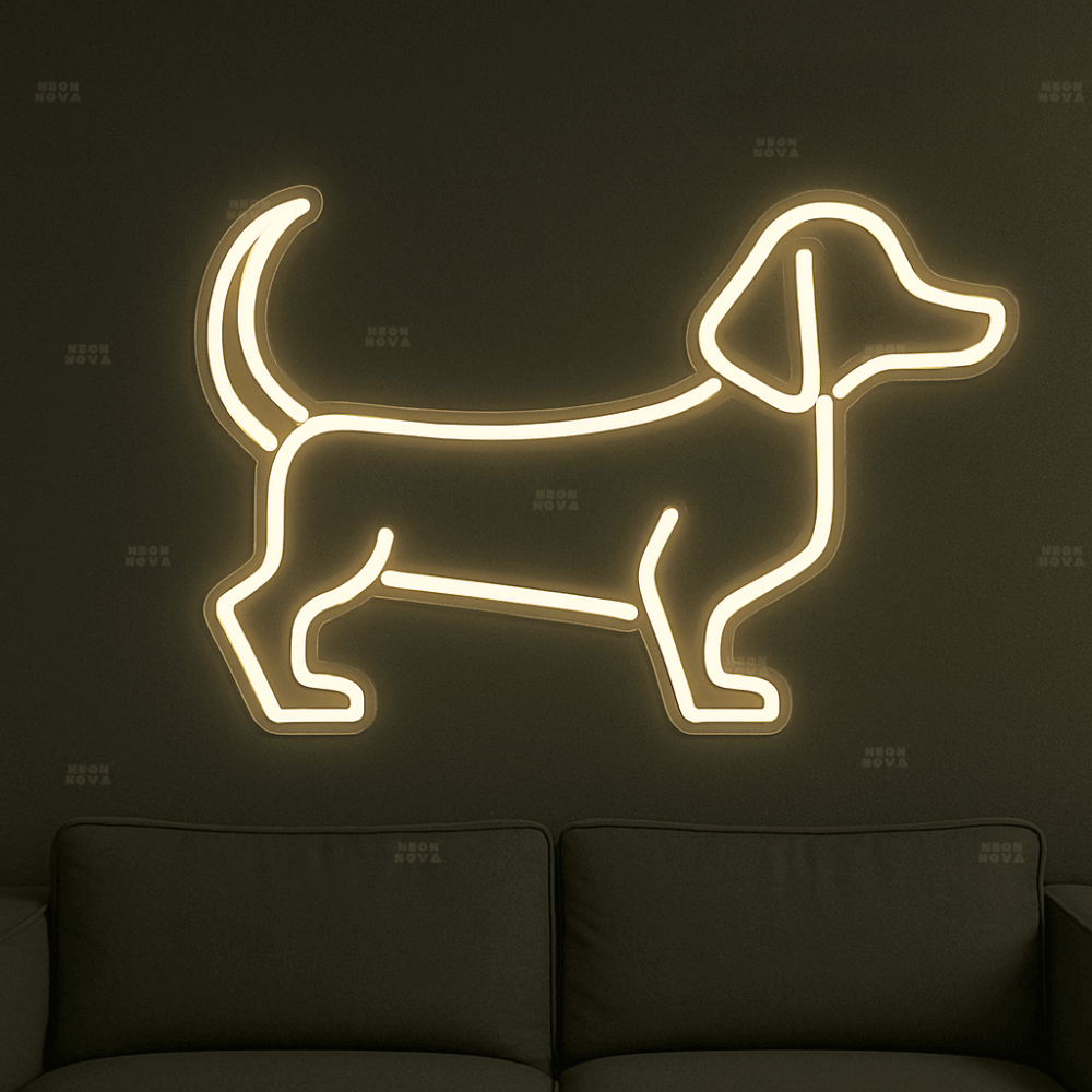 LED Neonschild "Dackel" in Warmweiß an dunkler Wand montiert