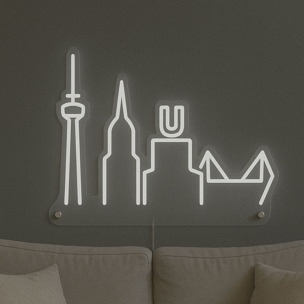 LED Neonschild "Dortmund Skyline" in Kaltweiß an dunkler Wand montiert
