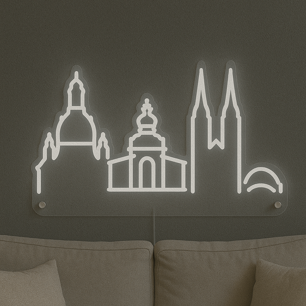 LED Neonschild "Dresden Skyline" in Kaltweiß an dunkler Wand montiert