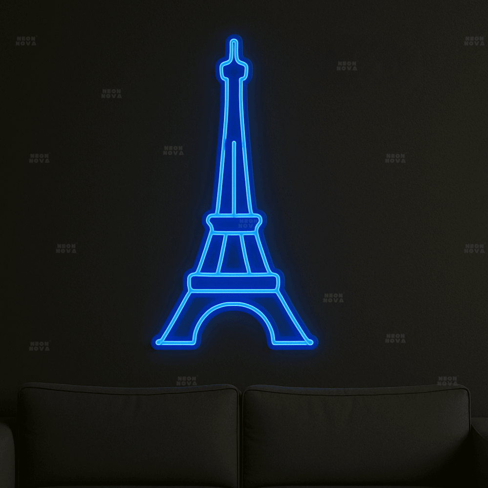 LED Neonschild Eiffelturm in Blau an schwarzer Wand montiert