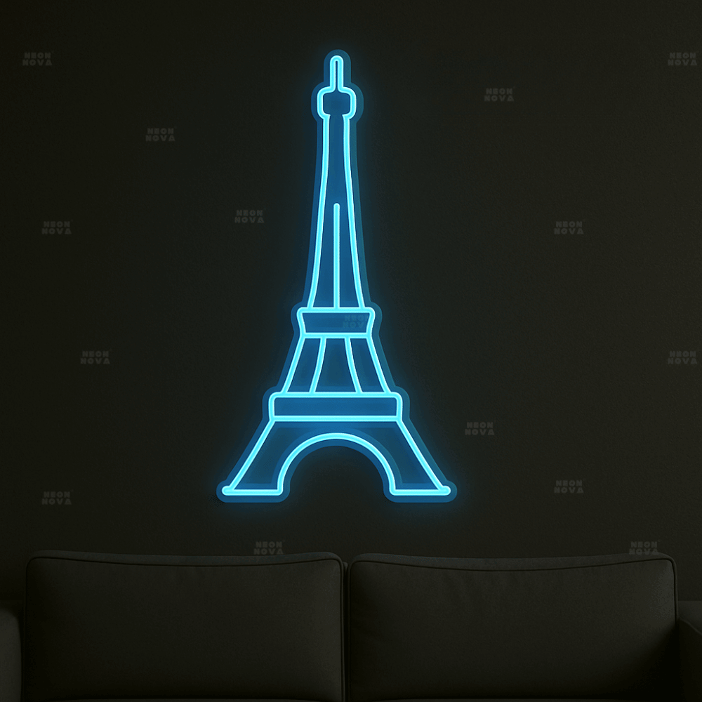 LED Neonschild Eiffelturm in Hellblau an schwarzer Wand montiert