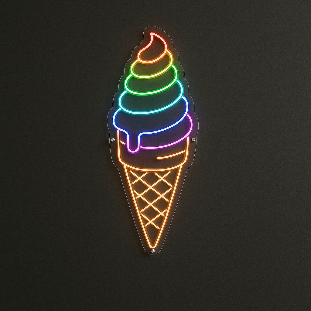 LED Neonschild "Eiswaffel" in Regenbogenfarben auf dunkler Wand montiert