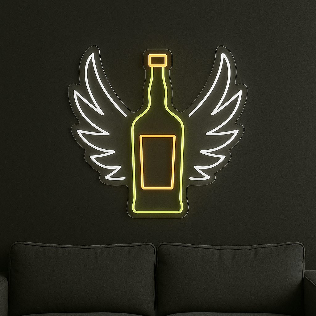 LED Neonschild "Flasche mit Flügel" in Grün, Gelb & Weiß an dunkler Wand montiert