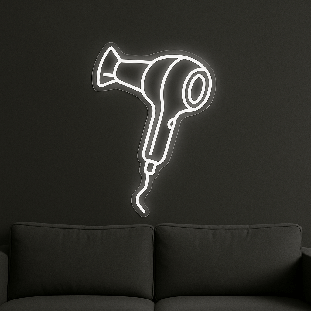 LED Neonschild "Föhn" in Kaltweiß an dunkler Wand montiert