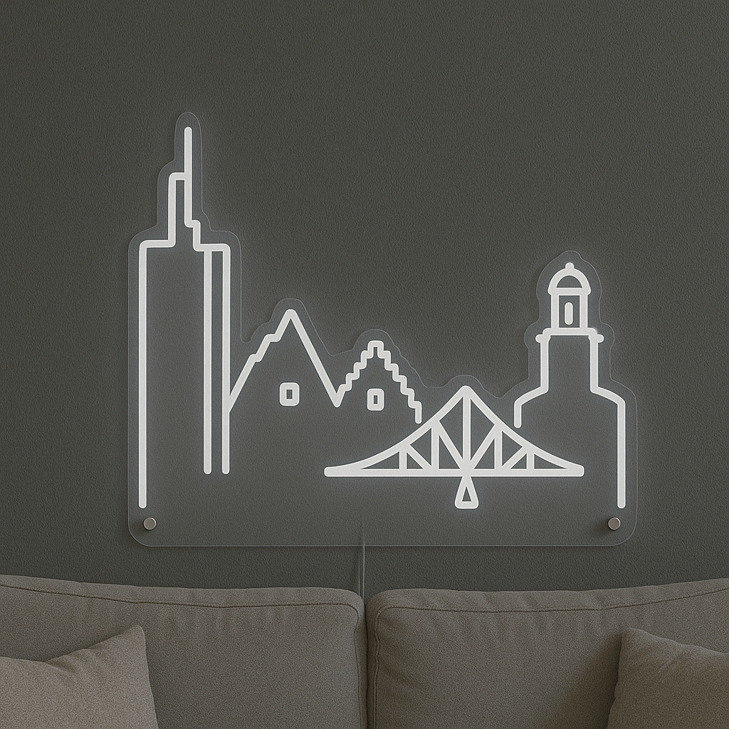 LED Neonschild "Frankfurt Skyline" in Kaltweiß an dunkler Wand montiert