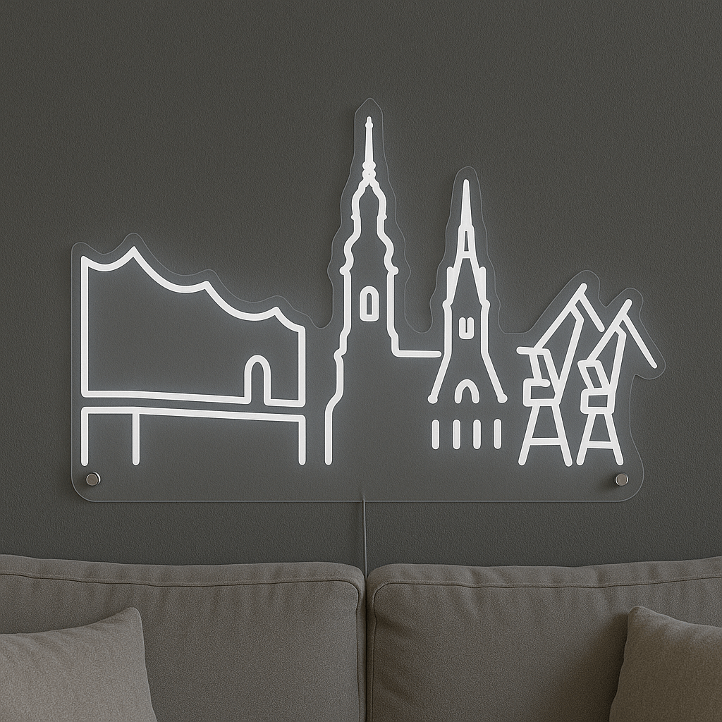 LED Neonschild "Hamburg Skyline" in Kaltweiß an dunkler Wand montiert