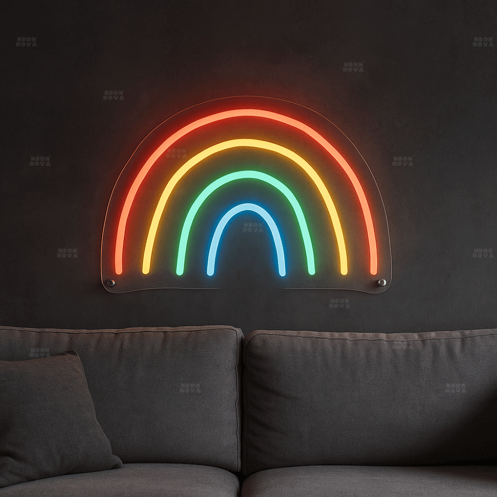 LED Neonschild "Regenbogen" in bunten Farben an Wand montiert
